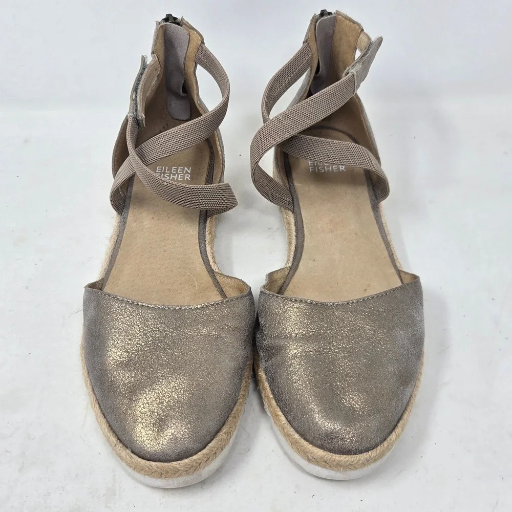 Eileen Fisher Metallic Suede‎ Espadrille Sandals Gold Taupe Ankle Strap Size 7.5